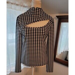 Shein Black White Houndstooth Keyhole Cutout Mock Neck Top Stretchy  6 8